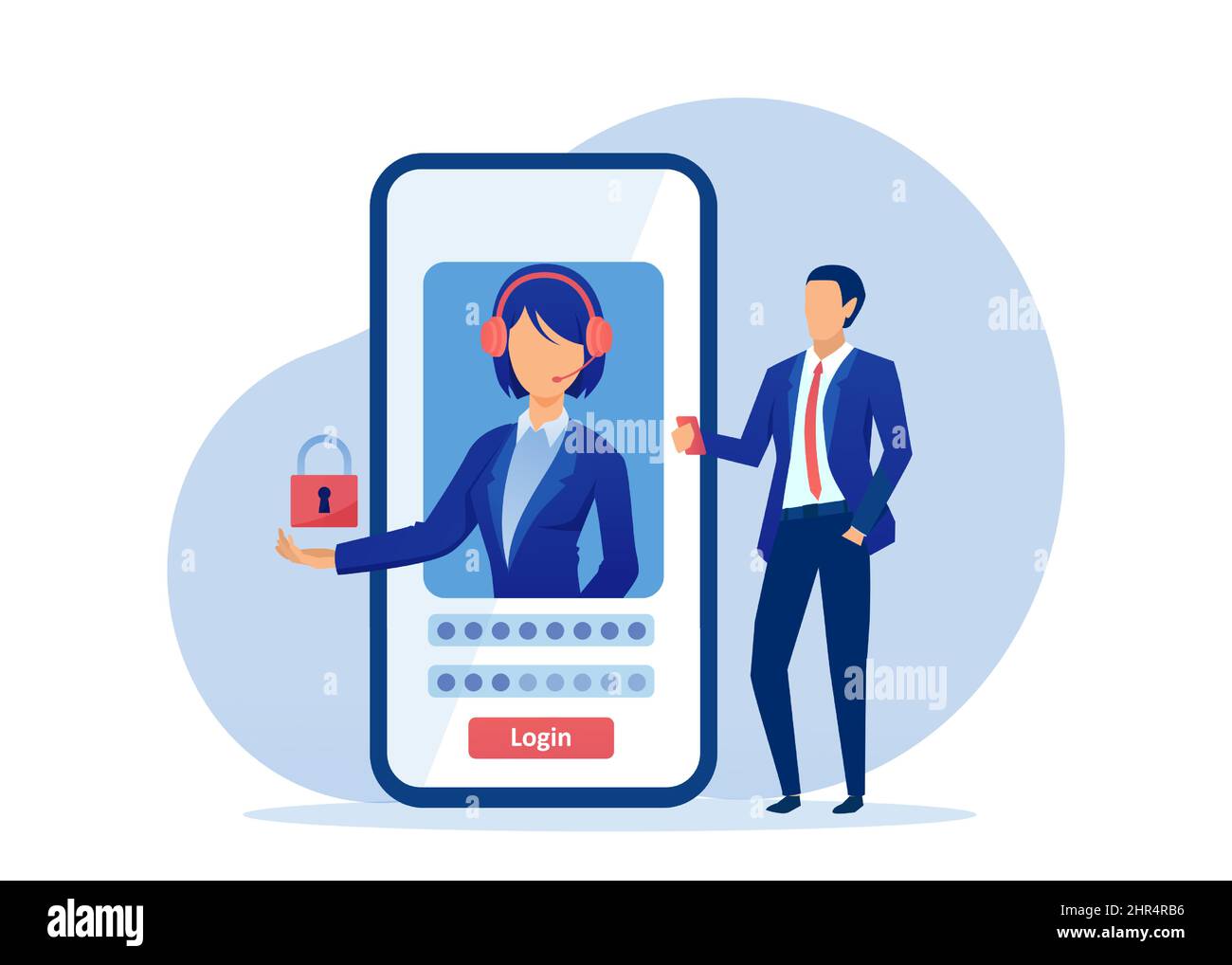 Vettore di un uomo d'affari che imposta la password di login utente per un'applicazione su cellulare con l'assistenza di un rappresentante del cliente Illustrazione Vettoriale Vettore di un uomo d'affari che imposta la password di login utente per un'applicazione su cellulare con l'assistenza di un rappresentante del cliente Illustrazione Vettoriale