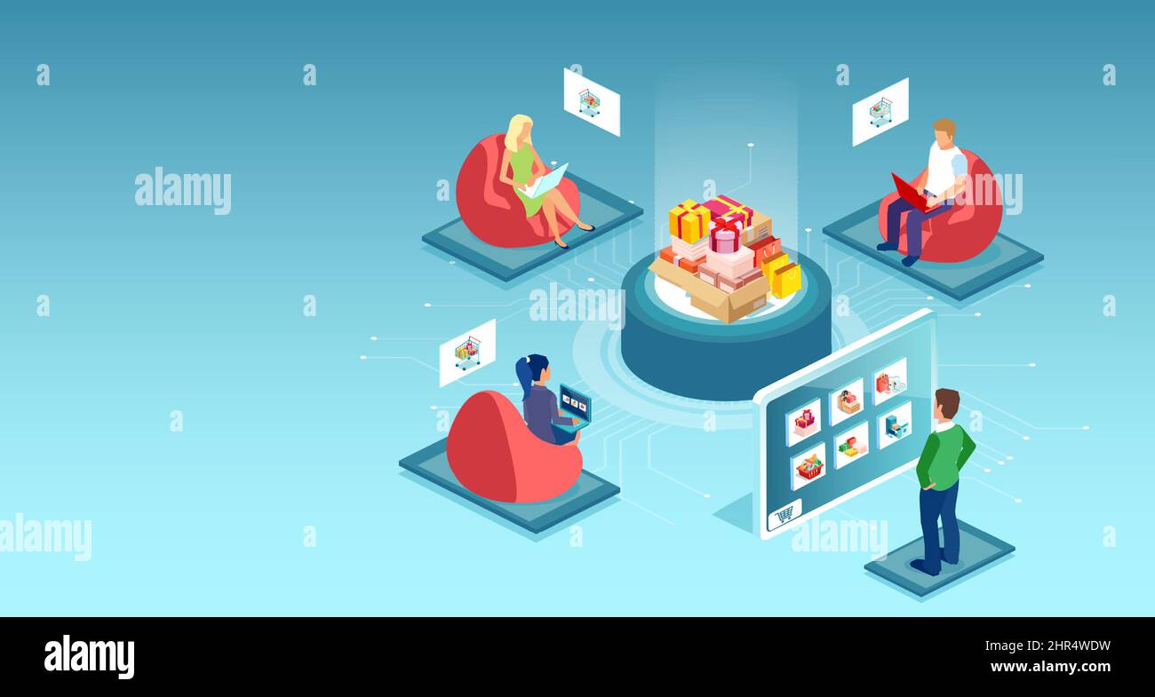 Vettore di persone online shopping su una piattaforma di e-commerce facendo ordine utilizzando l'applicazione mobile Illustrazione Vettoriale