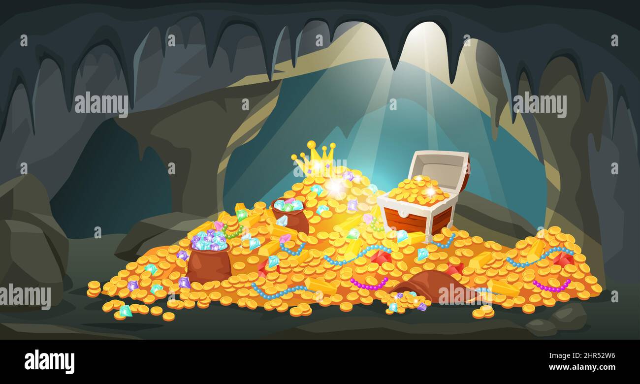 Grotta del tesoro Cartoon con mucchi di monete, barrette d'oro, gemme e gioielli. Miniera antica nascosta con tesori pirata e illustrazione vettoriale gioielli. Pila Illustrazione Vettoriale