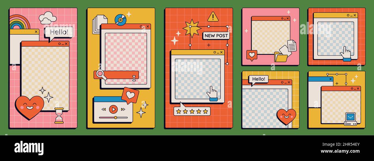 Carino nostalgico 90s retro vaporwave post e modello storia. Storie e post sui social media con il vecchio set vettoriale di elementi dell'interfaccia utente estetica del computer. Illustr Illustrazione Vettoriale