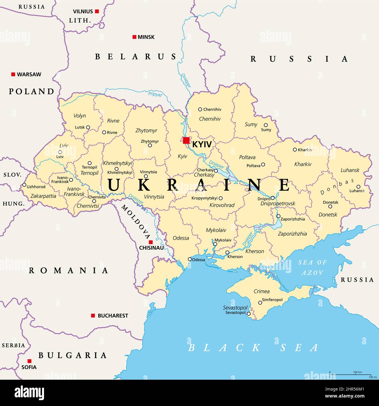 Ucraina, divisioni amministrative, mappa politica. Paese e stato unitario nell'Europa orientale con capitale Kiev, anche chiamato Kiev. Suddivisione del paese. Foto Stock