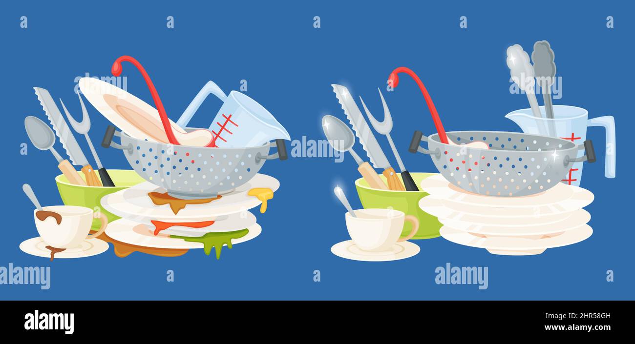 Piatti sporchi e puliti, mucchi di utensili da cucina macchiati e lavati. Piatti e posate disordine, stoviglie prima e dopo il lavaggio vettore set. Illustr Illustrazione Vettoriale Piatti sporchi e puliti, mucchi di utensili da cucina macchiati e lavati. Piatti e posate disordine, stoviglie prima e dopo il lavaggio vettore set. Illustr Illustrazione Vettoriale