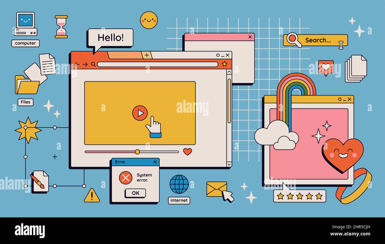 90s interfaccia utente schermo digitale per l'estetica a onde di vapore retrò. Elementi interfaccia utente per computer vecchi, icone per pc nostalgici e finestre di dialogo vettoriali. Illustrazione Illustrazione Vettoriale