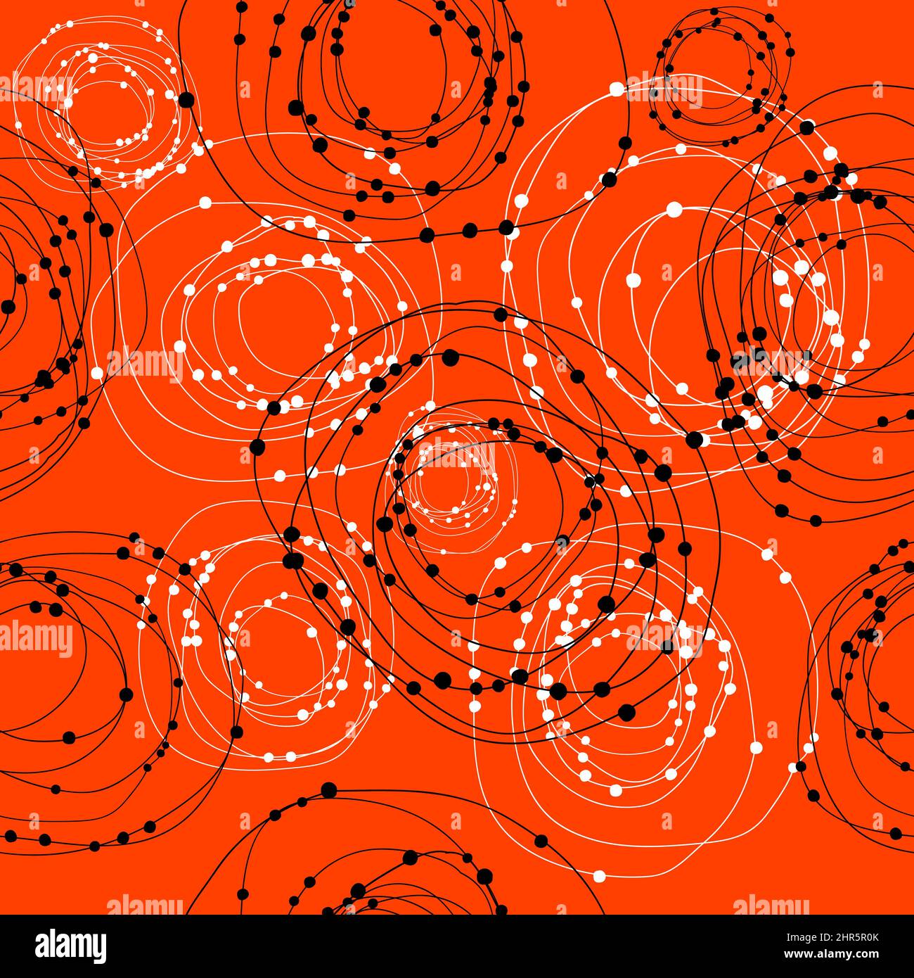 Cerchi concentrici in bianco e nero con punti pattern senza giunture su sfondo rosso Illustrazione Vettoriale