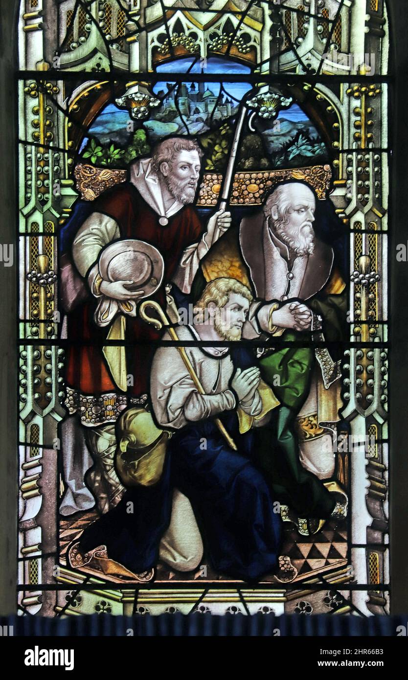 Vetrata di Percy Bacon & Brothers, raffigurante l'adorazione dei pastori, disegno; Ernest Geldart, Chiesa di Santa Maria, Coddenham, Norfolk Foto Stock