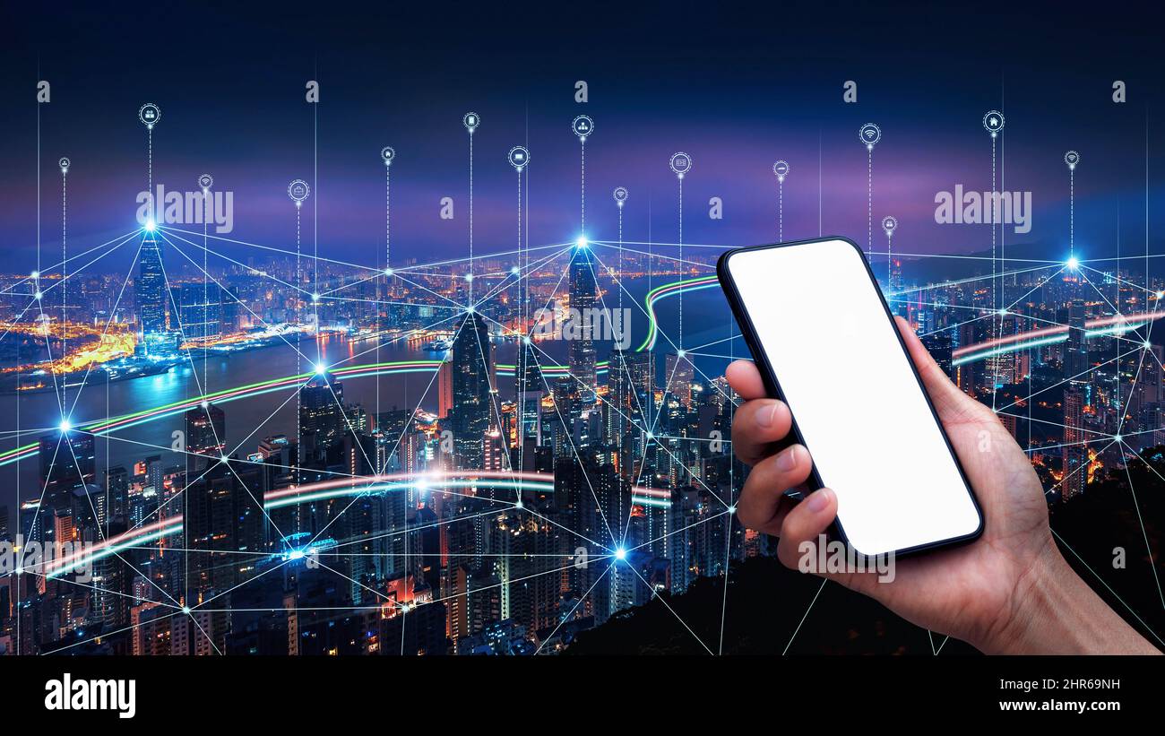 Sistema Smart Connection Network, concetto Smart City Network, connessione wireless 5G. Foto Stock