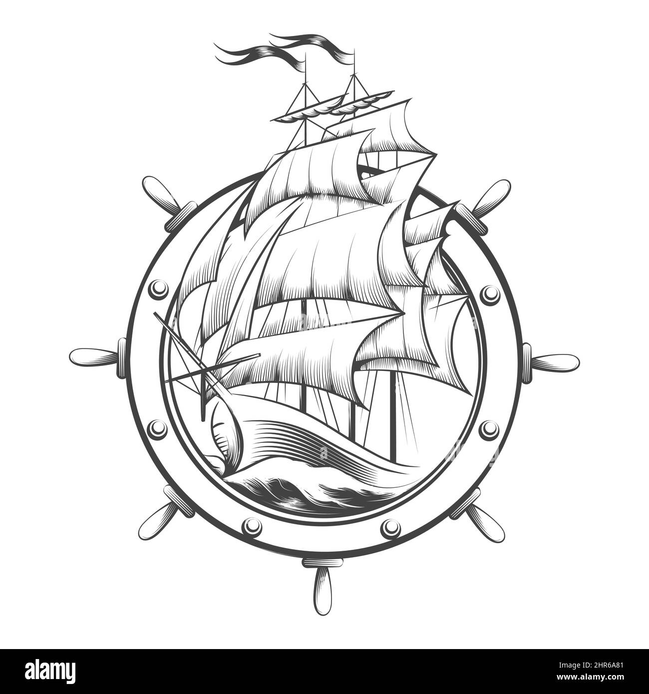 Nave a vela all'interno della nave ruota Engraving Tattoo isolato su bianco. Illustrazione vettoriale. Illustrazione Vettoriale