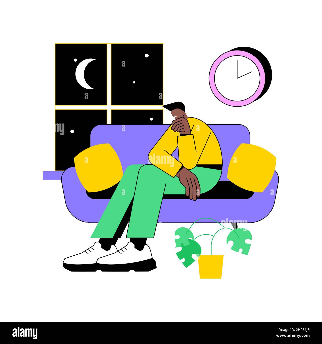 Illustrazione vettoriale astratta del concetto di privazione del sonno. Sintomi di insonnia, perdita del sonno, problema di privazione, salute mentale, causa e trattamento, diagnostica clinica, insonnia metafora astratta. Illustrazione Vettoriale