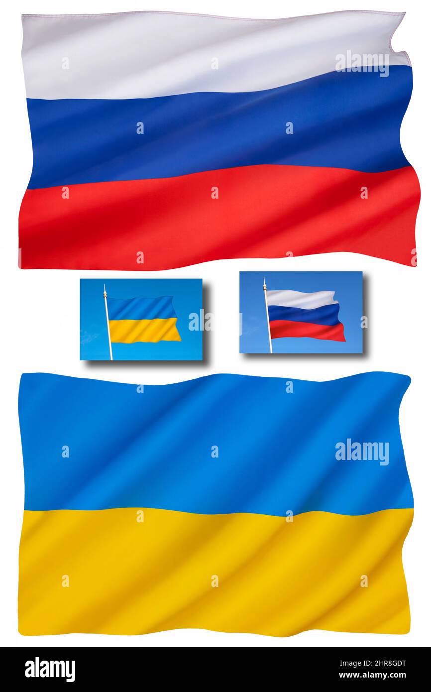 Bandiera dell'Ucraina - bandiera della Federazione russa - isolata per taglio. Foto Stock