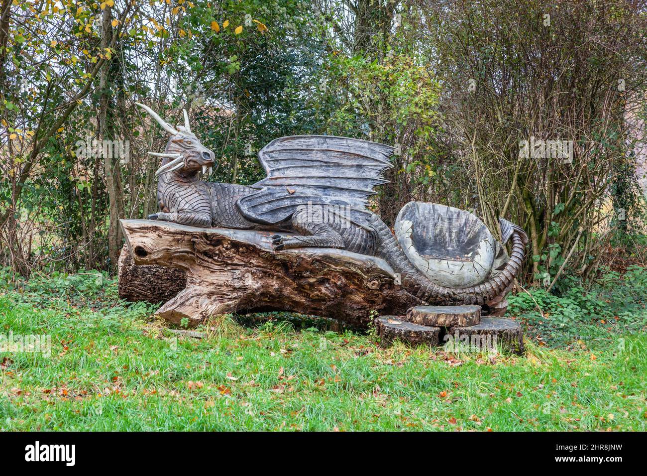 Sedile di scultura del drago gallese scolpito da un tronco caduto Foto Stock