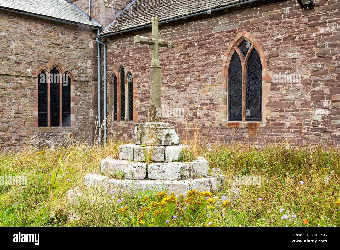 Croce di predicazione a St Peter e St Pauls chiesa Weobley Herefordshire Regno Unito Foto Stock