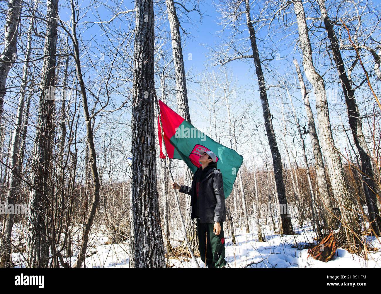 Un ranger indigeno junior mette una bandiera in su ad un campo del cespuglio della gioventù dove insegnano le abilità di sopravvivenza nella riserva delle prime Nazioni dell'Ontario del nord in Attawapiskat, Ont., martedì 19 aprile 2016. LA STAMPA CANADESE/Nathan Denette Foto Stock