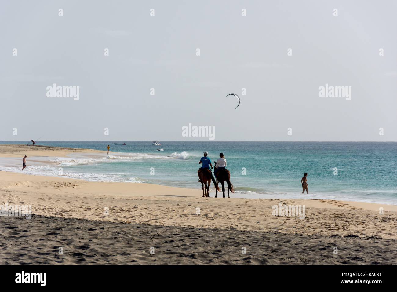 Equitazione e kite surf, Duna di SAL Beach, Santa Maria, SAL (IIha do SAL), República de Cabo (Capo Verde) Foto Stock