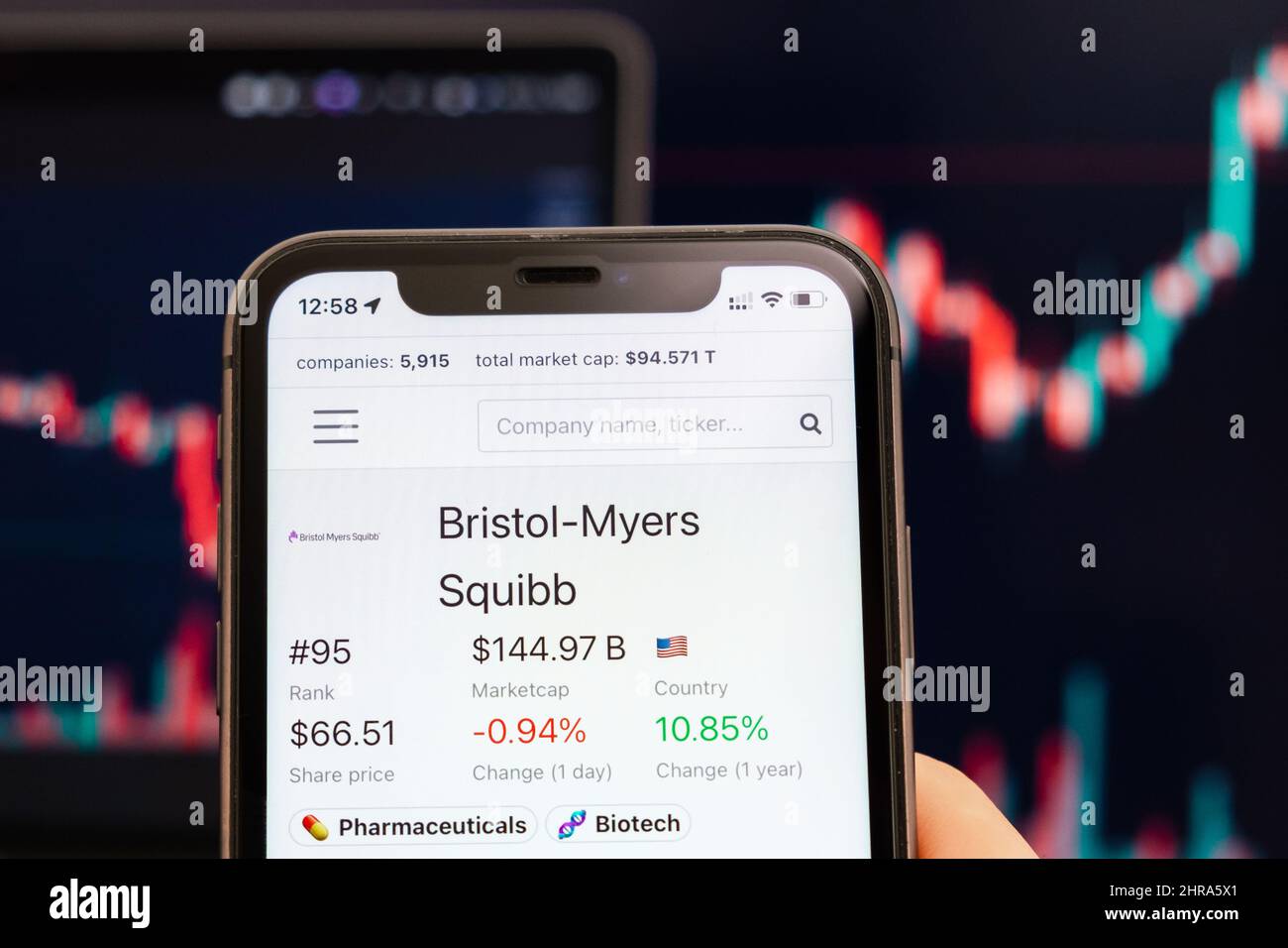 Bristol Myers Squibb prezzo di azione sullo schermo del telefono delle cellule in mano di mans con il cambio di borsa con l'analisi di grafico di candelabro di commercio, febbraio 2022, San Francisco, Stati Uniti Foto Stock