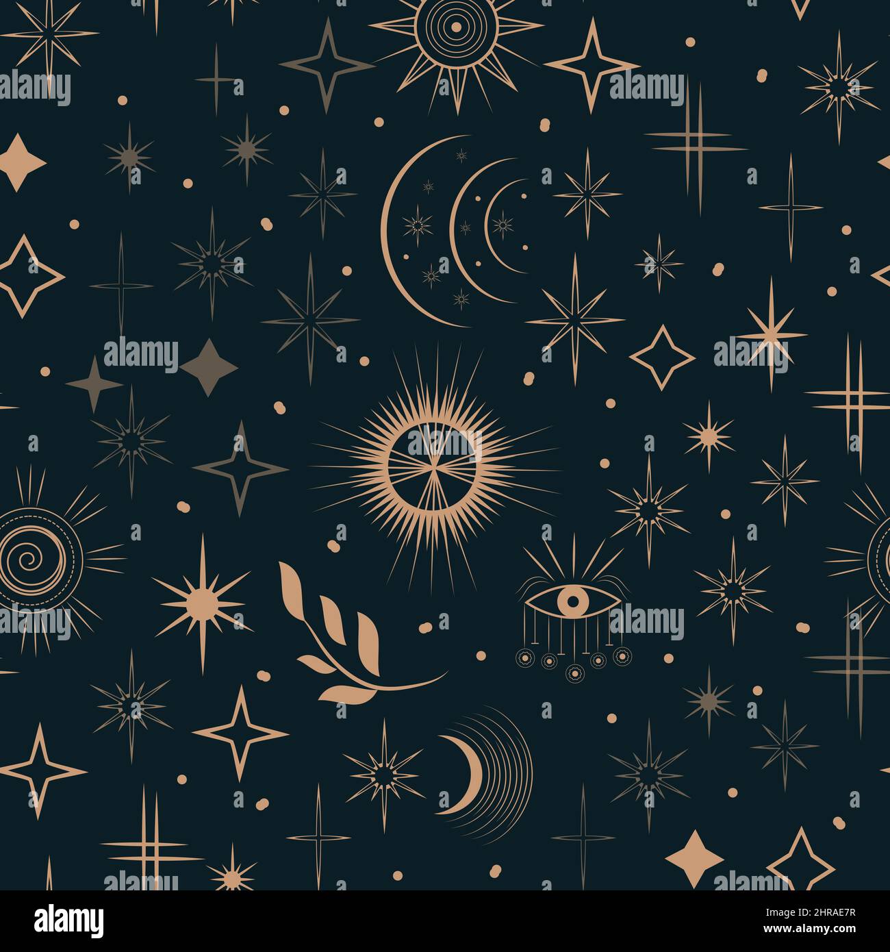 I principali segni magici del tarot.Golden disegno lineare e di stile trendy.Star modello senza giunture e astrologia Boho. Illustrazione Vettoriale