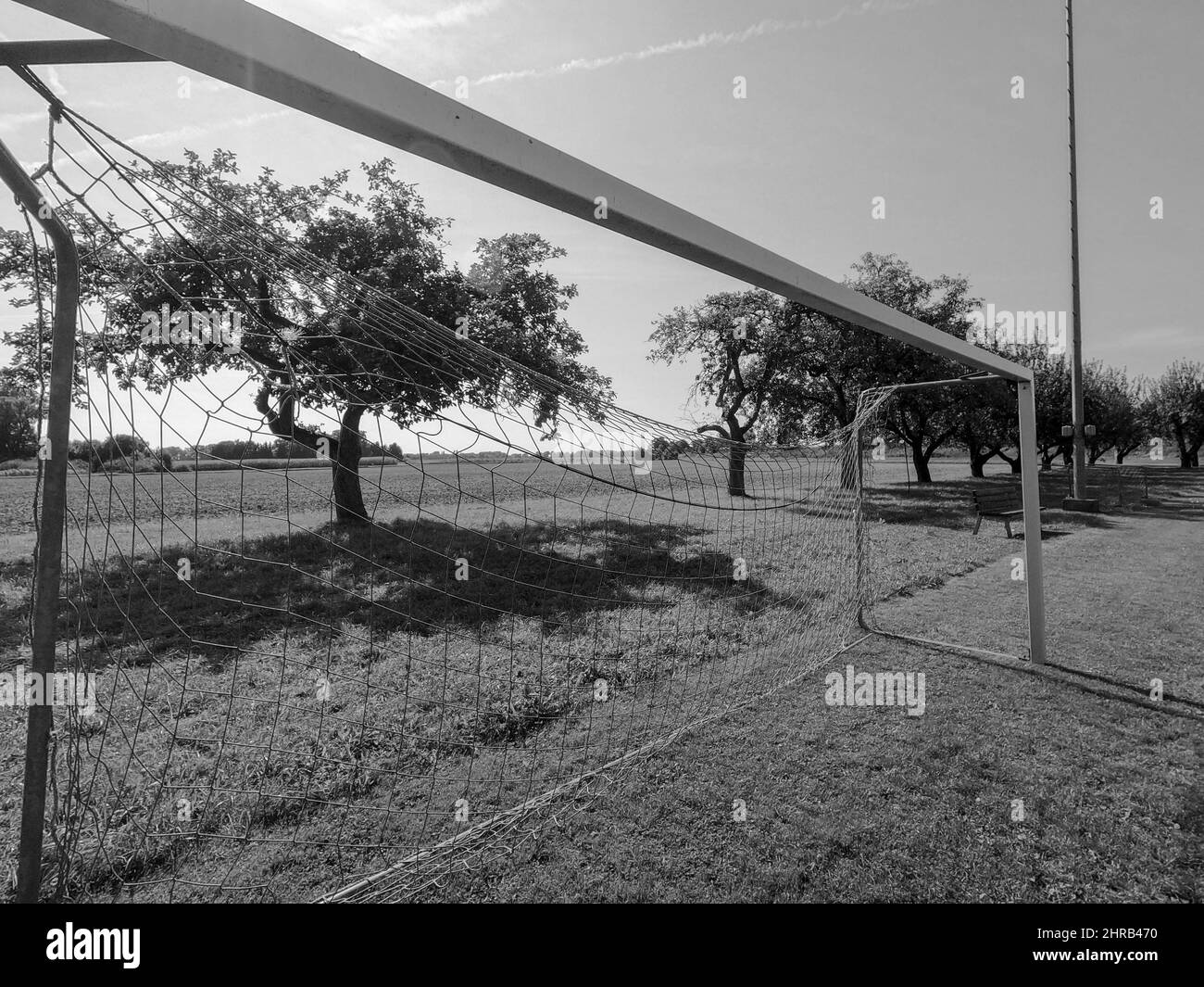 Bellissimo scatto di un campo di calcio durante il giorno in scala di grigi Foto Stock