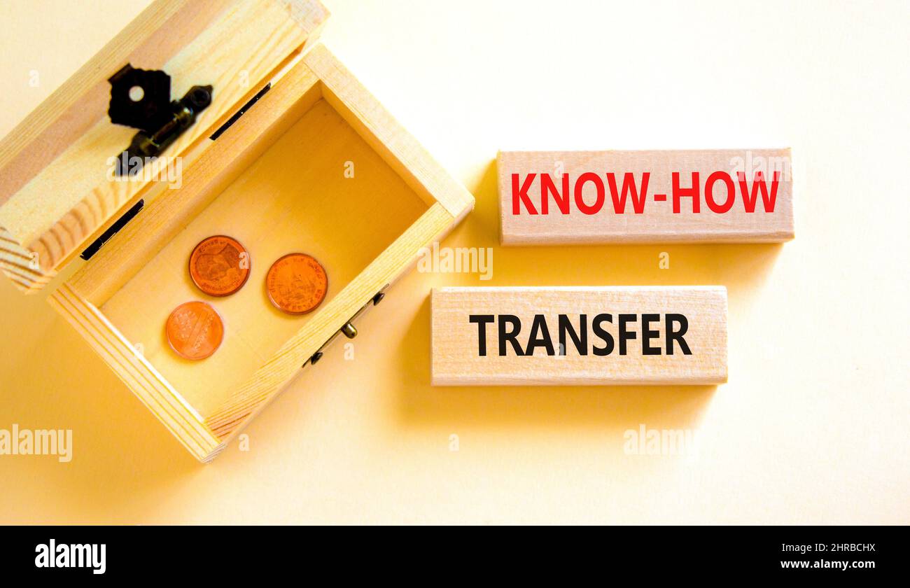 Simbolo di trasferimento del know-how. Concetto parole know-how trasferimento su blocchi di legno su sfondo bianco bello. Cassa di legno con monete. Spazio di copia. Autobus Foto Stock