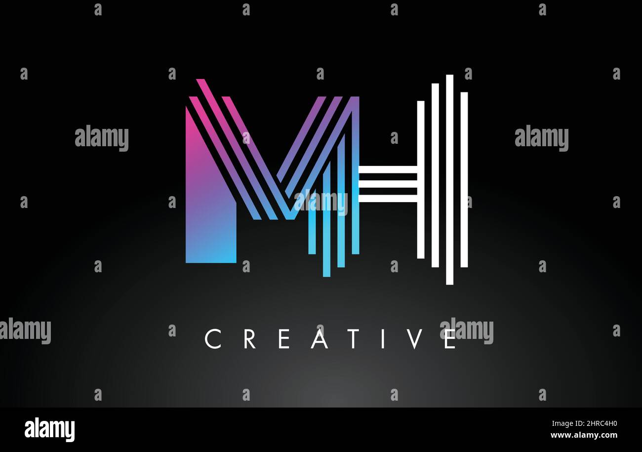 Logo lettera MH bianco con linee viola. Modello vettoriale per la progettazione di lettere creative. Illustrazione Vettoriale