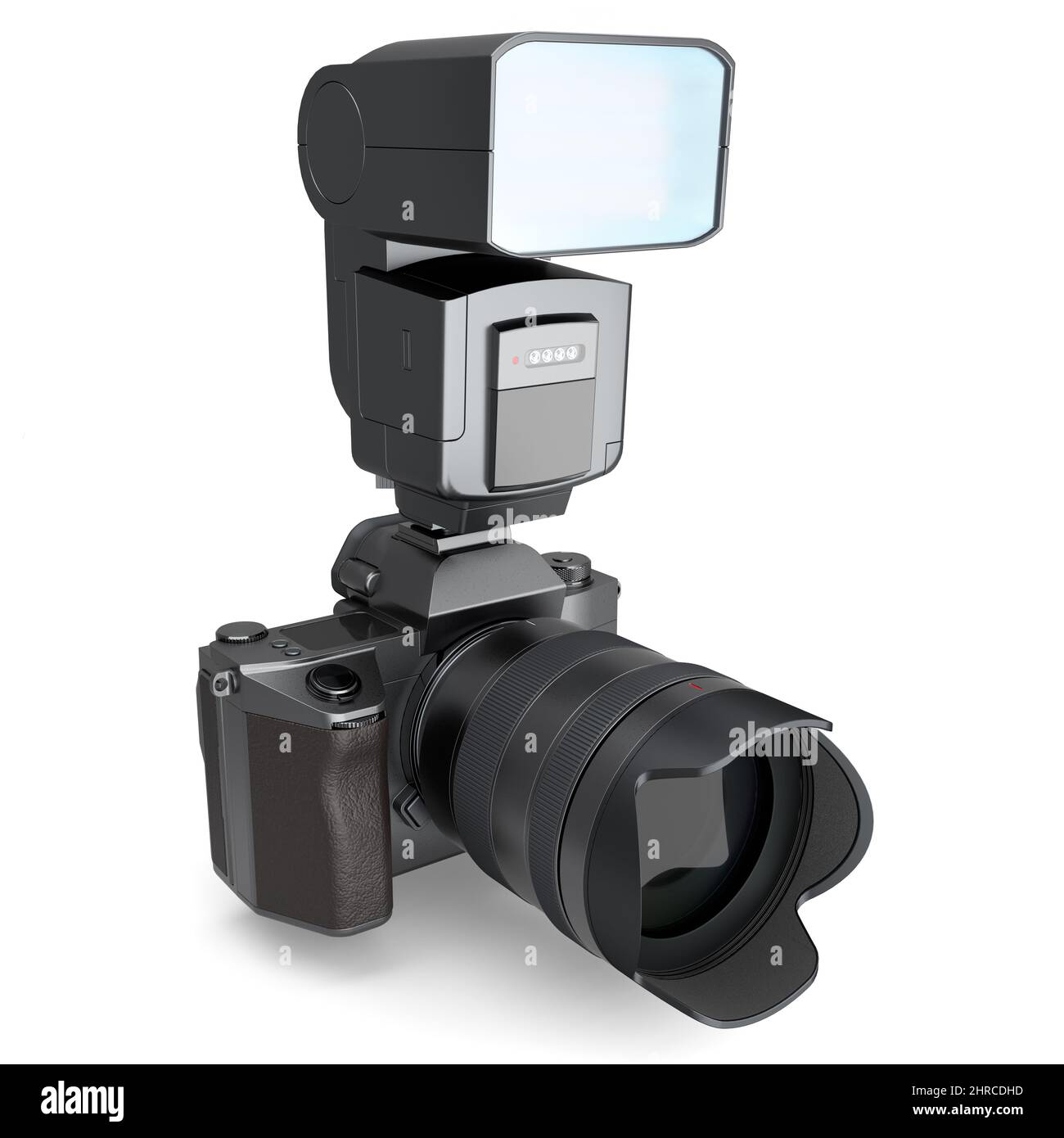 Concetto di fotocamera reflex digitale inesistente con obiettivo e flash esterno speedlight isolato su sfondo bianco. Rendering 3D e illustrazione di professionisti Foto Stock