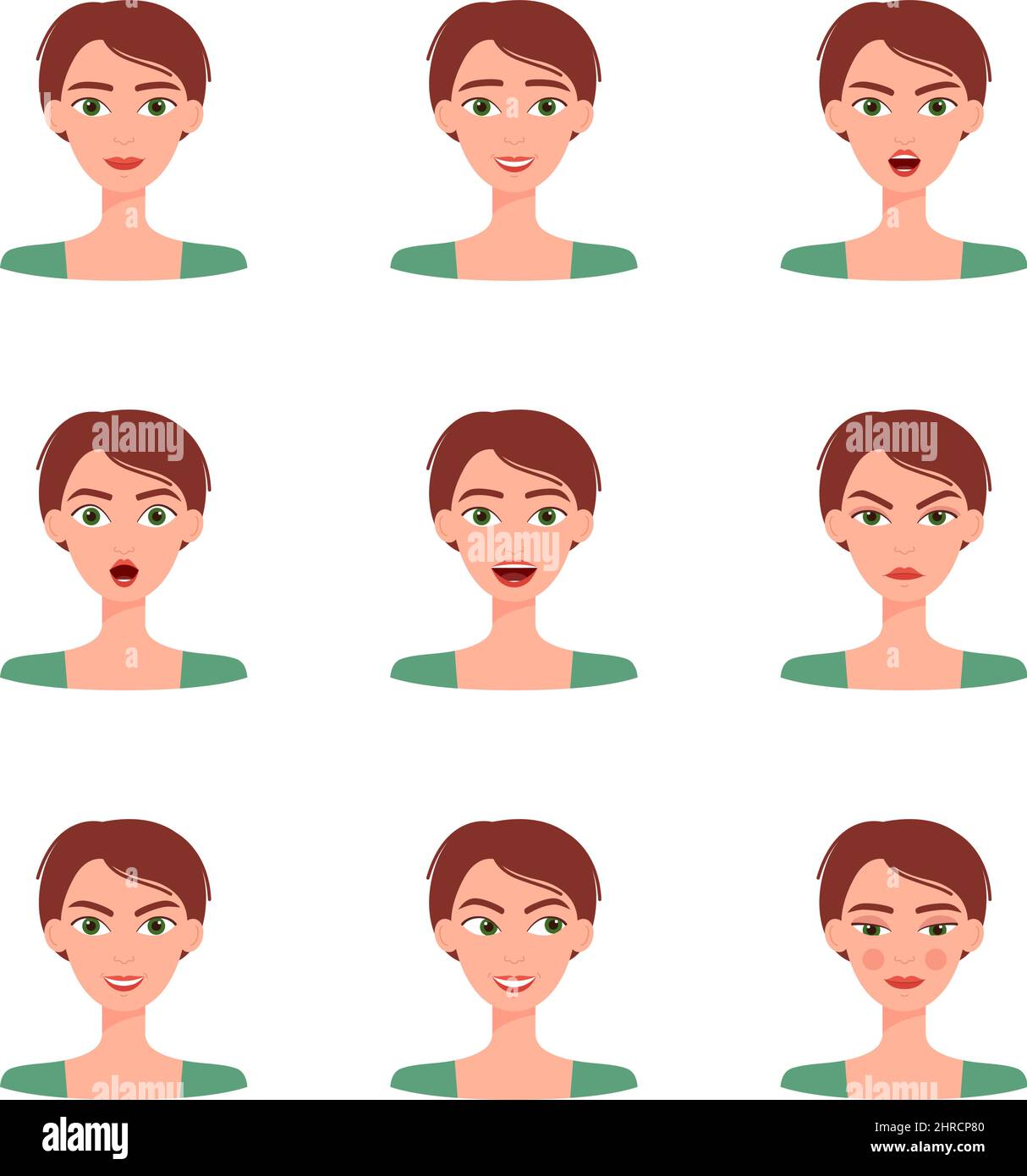 Set di emozioni di bella ragazza. Raccolta di diverse emozioni femminili, illustrazione vettoriale Illustrazione Vettoriale