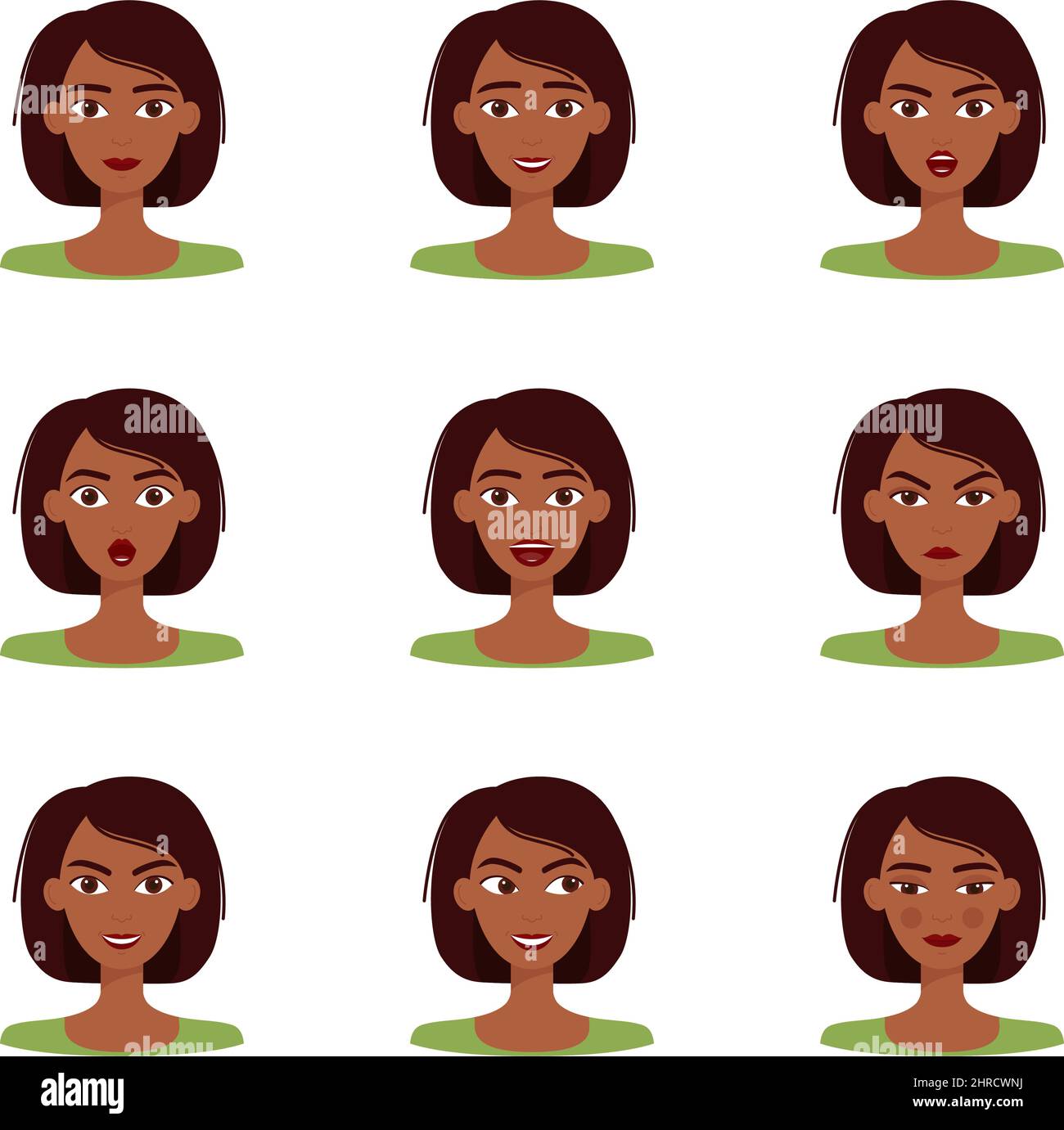 Set di emozioni di bella ragazza con pelle scura e capelli scuri. Insieme di emozioni femminili diverse, illustrazione vettoriale Illustrazione Vettoriale