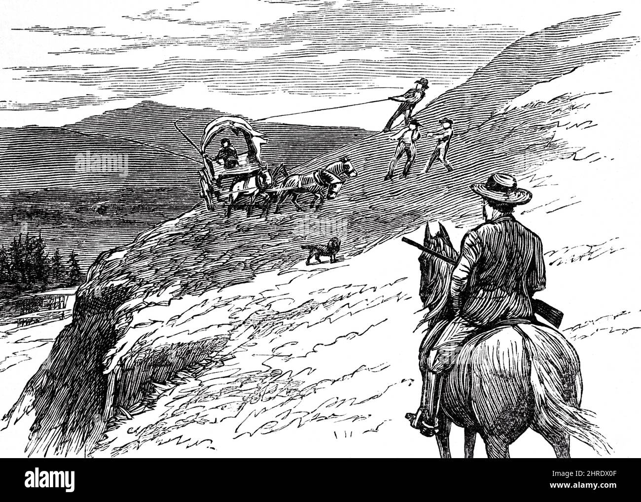 1870S 1880S UOMINI CON CORDE CHE TIRANO PER IMPEDIRE A UN CARRO EMIGRANTE DI RIBALTARSI SULLA COLLINA DURANTE L'ESPANSIONE AMERICANA VERSO OVEST - H9824 HAR001 HARS MASCHI RISCHIO WESTERN RUOTE TRASPORTO B&W OBIETTIVI MAMMIFERI AVVENTURA PROTEZIONE CANINI FRONTIERA PROGRESSO PIONIERI CONESTOGA AN SU A OCCUPAZIONI POOCH MANTENERE CORDE CONCETTUALI 1870S 1880S CARRI ESPANSIONE OVEST AMERICANO CANINE EMIGRANTE COLLINA MAMMIFERO MEDIO-ADULTO MEDIO-ADULTO UOMO CHE MANCIA GIOVANE ADULTO UOMO BIANCO E NERO DURANTE HAR001 VECCHIO STILE Foto Stock