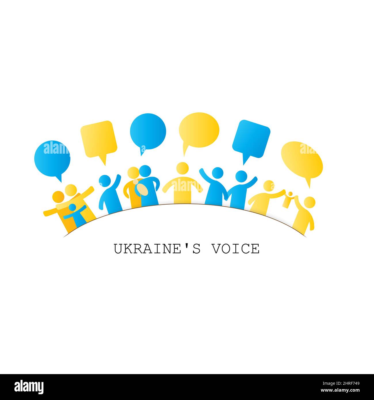 Insieme all'Ucraina. Una semplice illustrazione con persone sotto forma di icone, simboli che dimostrano solidarietà con l'Ucraina e chiedono aiuto. Nessuna guerra Foto Stock