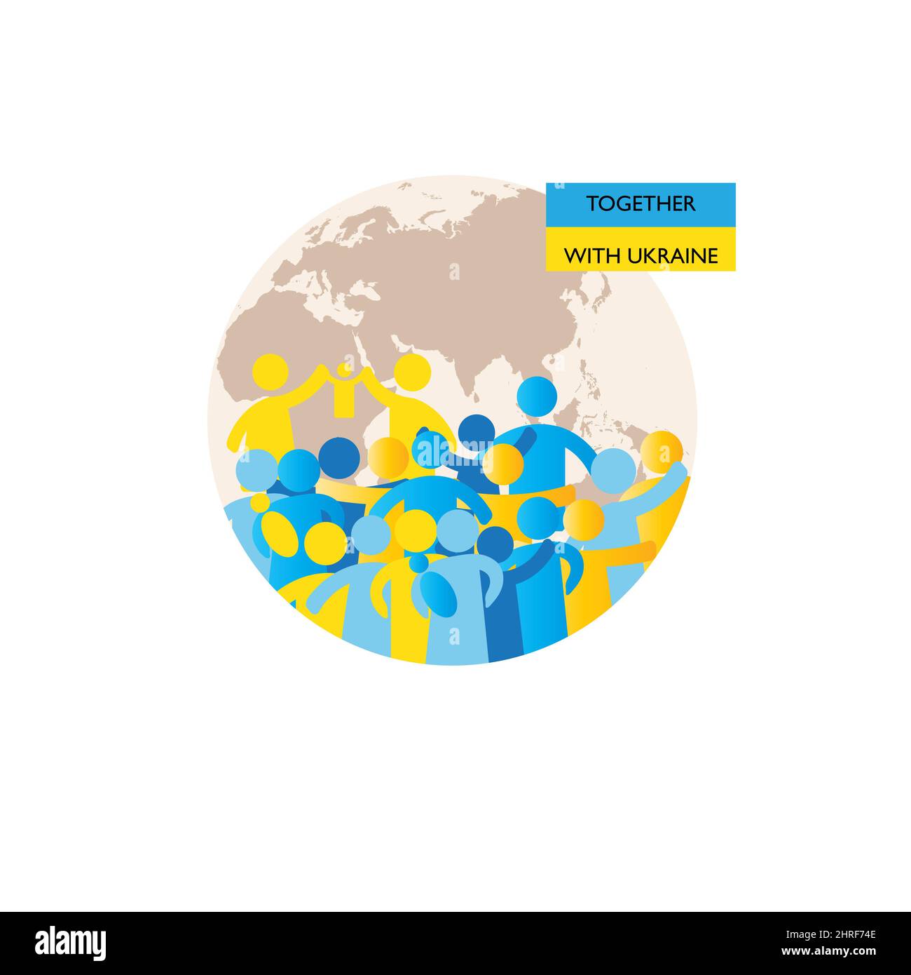 Insieme all'Ucraina. Una semplice illustrazione con persone sotto forma di icone, simboli che dimostrano solidarietà con l'Ucraina e chiedono aiuto. Nessuna guerra Foto Stock