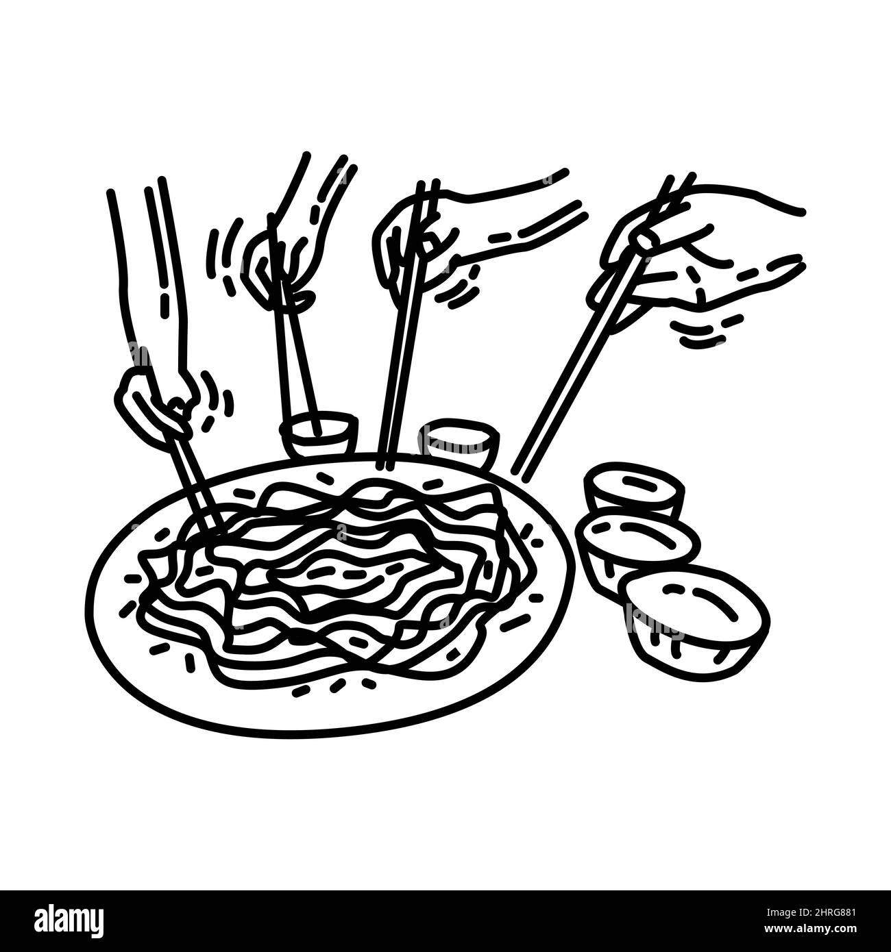 Cena cinese Reunion parte degli accessori cinesi di Capodanno e simboli Feng Shui disegnati a mano icona Set Vector. Illustrazione Vettoriale