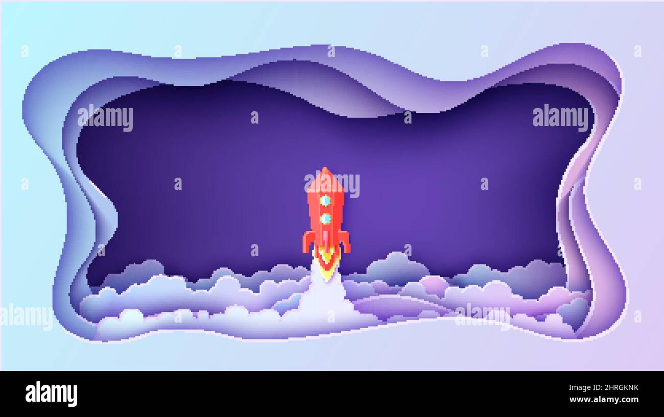 Notte cielo nuvole in cornice rettangolare e razzo rosso in stile carta taglio. Ritagliare 3D sfondo con blu violetto sfumato paesaggio nuvoloso panorama e. Illustrazione Vettoriale