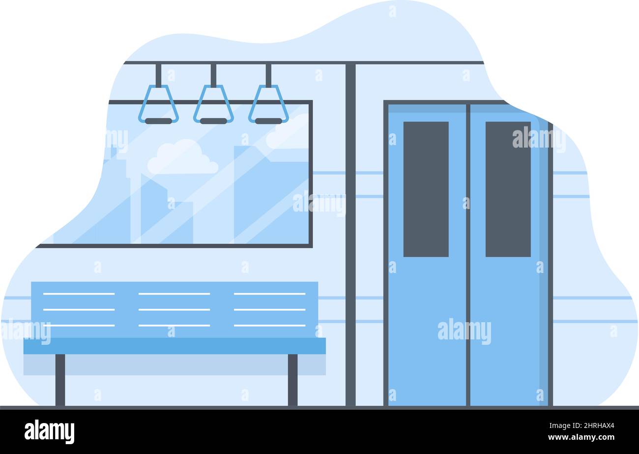 Stazione ferroviaria con il paesaggio di trasporto del treno, piattaforma per la partenza e metropolitana interna sotterranea in piano sfondo Poster Illustrazione Illustrazione Vettoriale