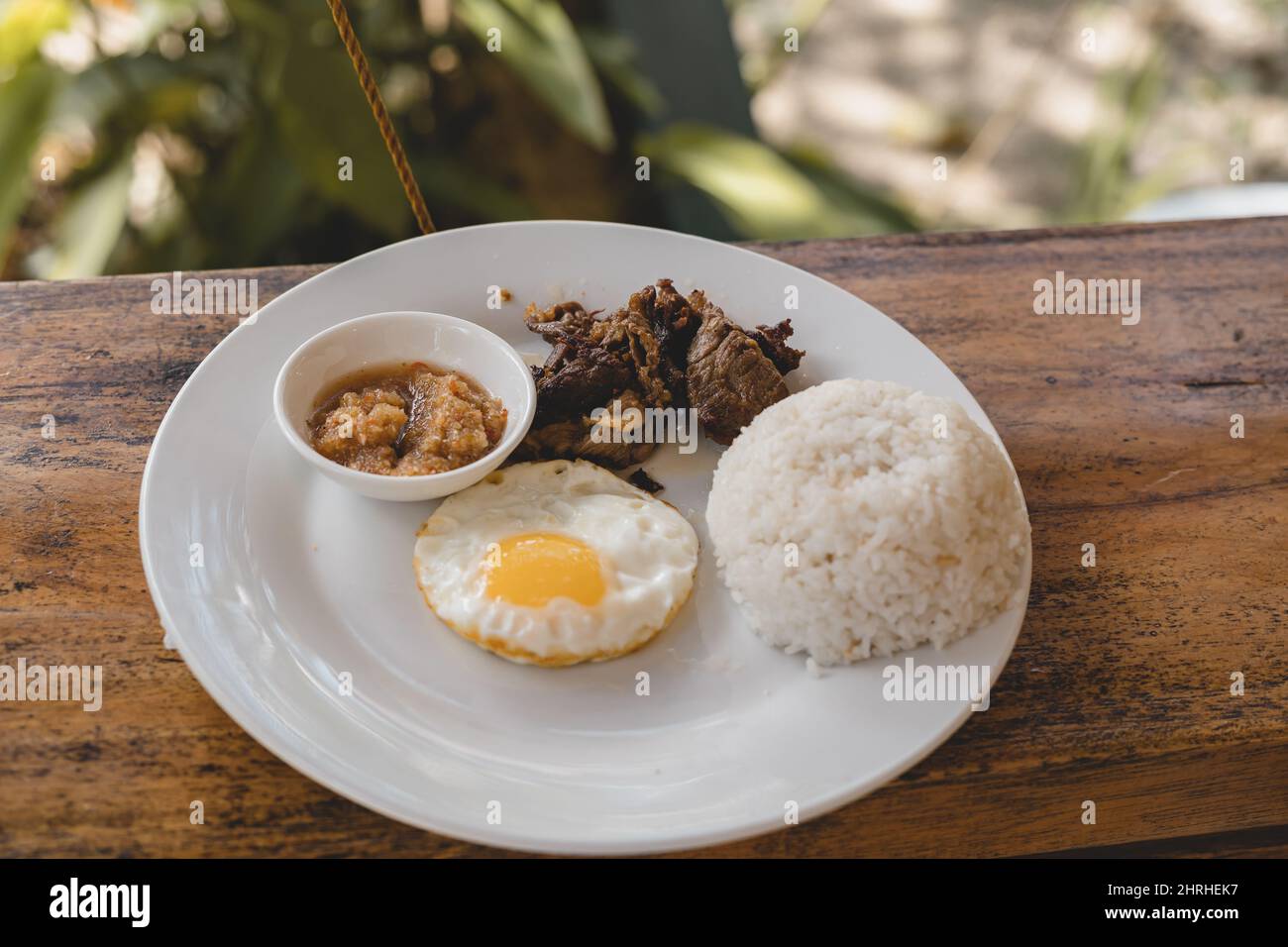 Primo piano della colazione con omelette, riso e salsa Foto Stock