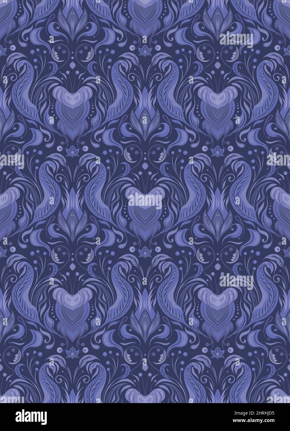 Motivo vettoriale senza cuciture con ornamento floreale vintage in molto peri. Struttura in mattonelle barocche con fiori e fogliame su sfondo scuro in colori violetti Illustrazione Vettoriale