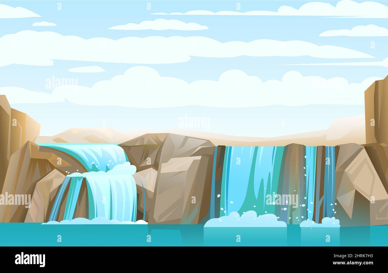 Cascata tra le rocce. La cascata fruscii verso il basso. Flusso d'acqua. Diversi ruscelli in pietre contro il cielo. Vettore. Illustrazione Vettoriale