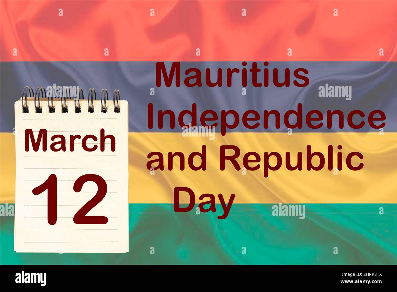La celebrazione della Giornata dell'Indipendenza e della Repubblica di Mauritius con la bandiera e il calendario che indica il 12 marzo Foto Stock
