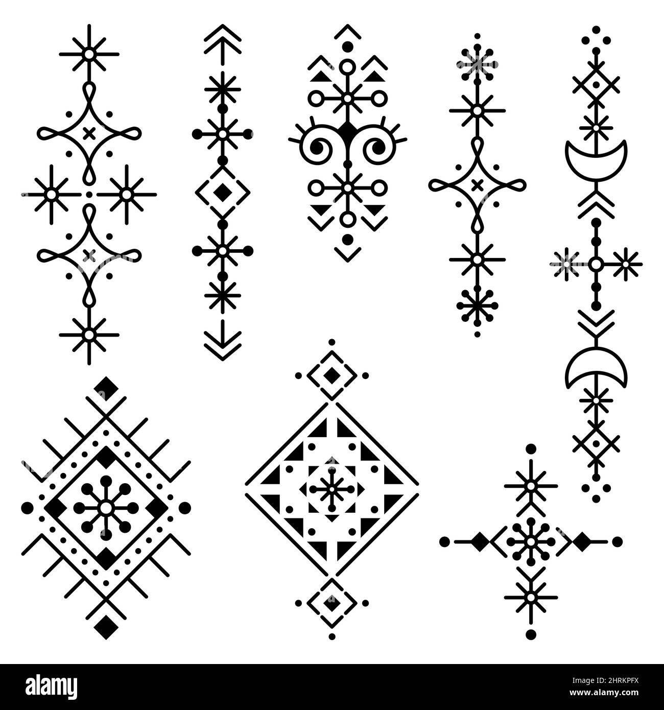 Stile islandese rune art style linea tribale geometrica art set lungo disegno vettoriale, ornamenti in bianco e nero ispirati ai motivi vichinghi Illustrazione Vettoriale