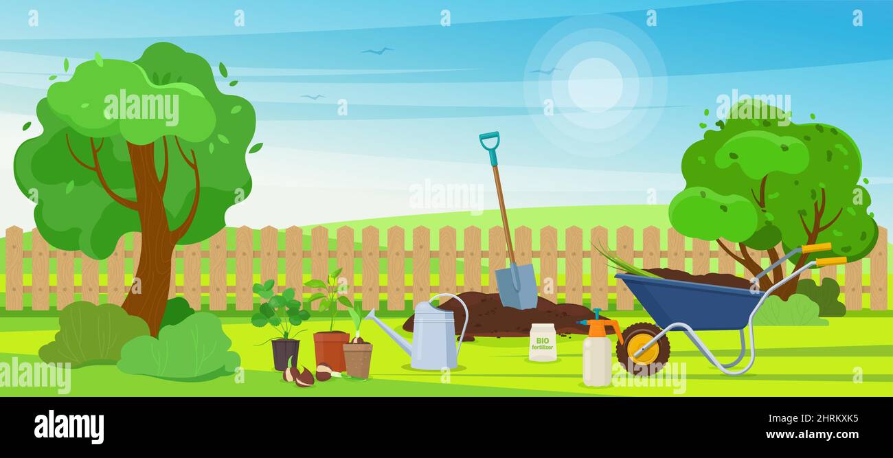 Scena con terreno da giardino e attrezzi da giardinaggio Illustrazione Vettoriale