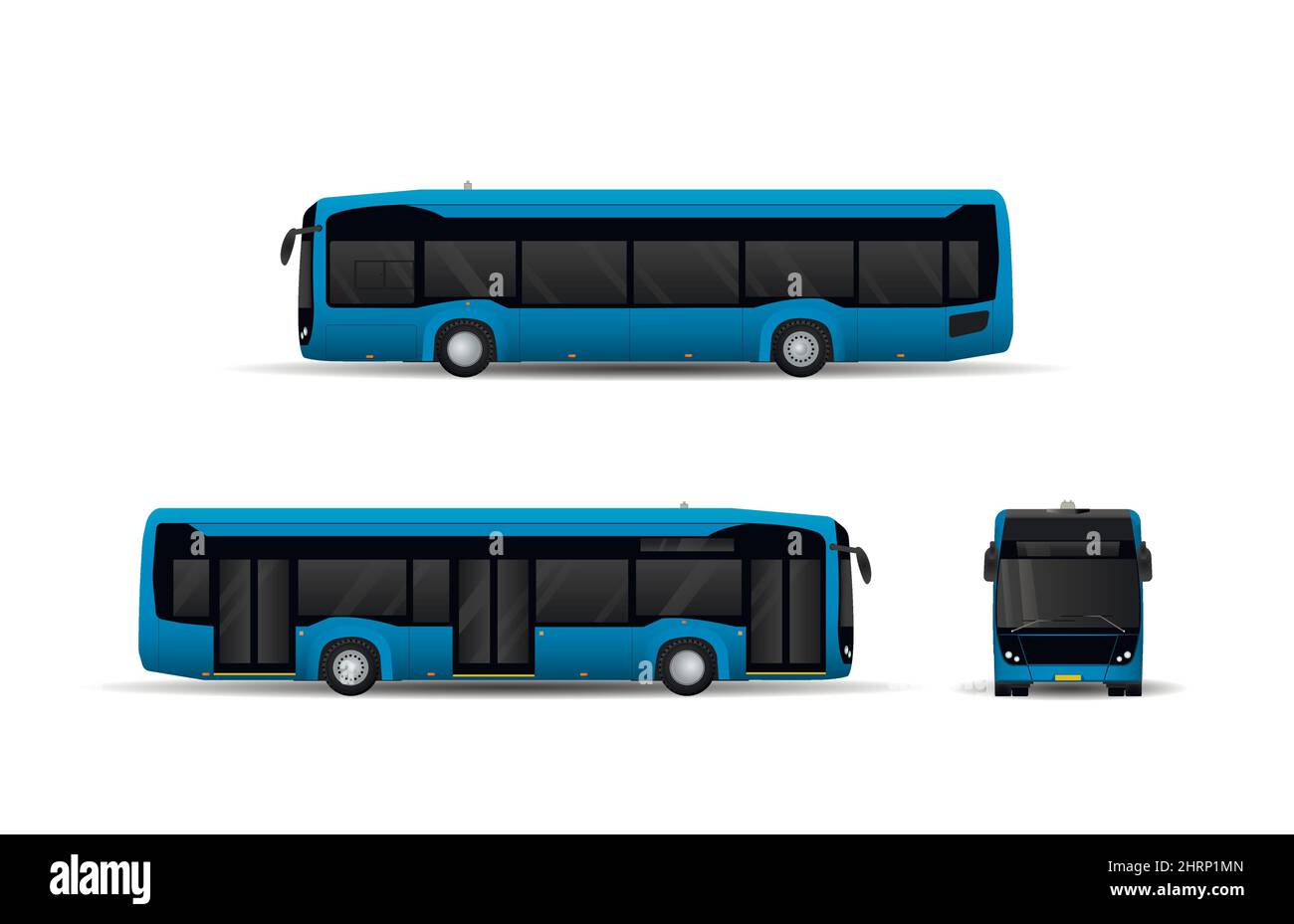 Moderno bus elettrico urbano a basso piano blu. Vista laterale, anteriore. Illustrazione Vettoriale