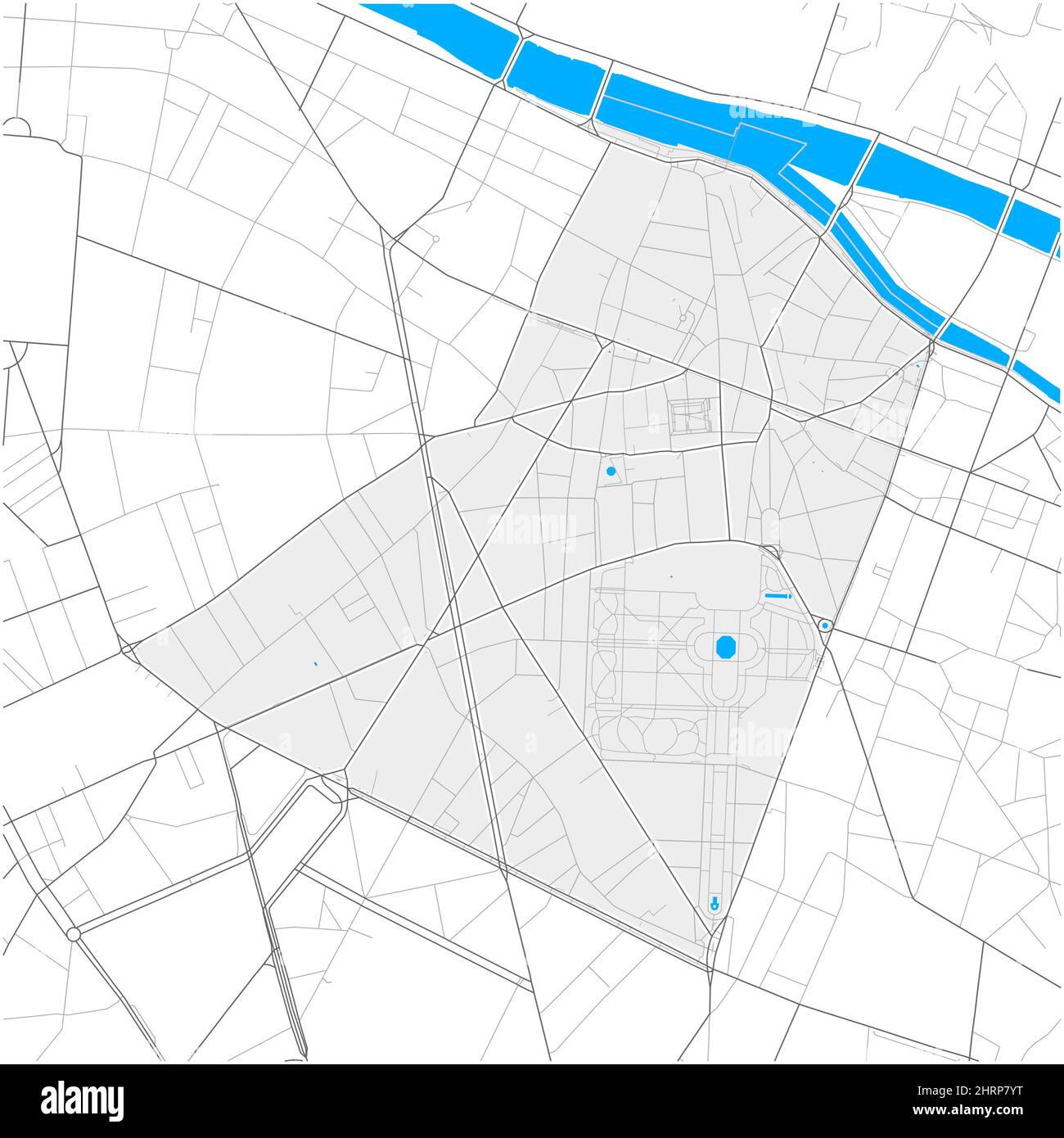 6th Arrondissement, Parigi, FRANCIA, mappa vettoriale ad alto dettaglio con confini della città e percorsi modificabili. Contorni bianchi per le strade principali. Molti percorsi più piccoli. Illustrazione Vettoriale