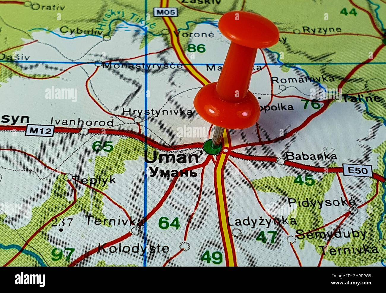 Primo piano della posizione sulla mappa della città di Uman in Ucraina Foto Stock