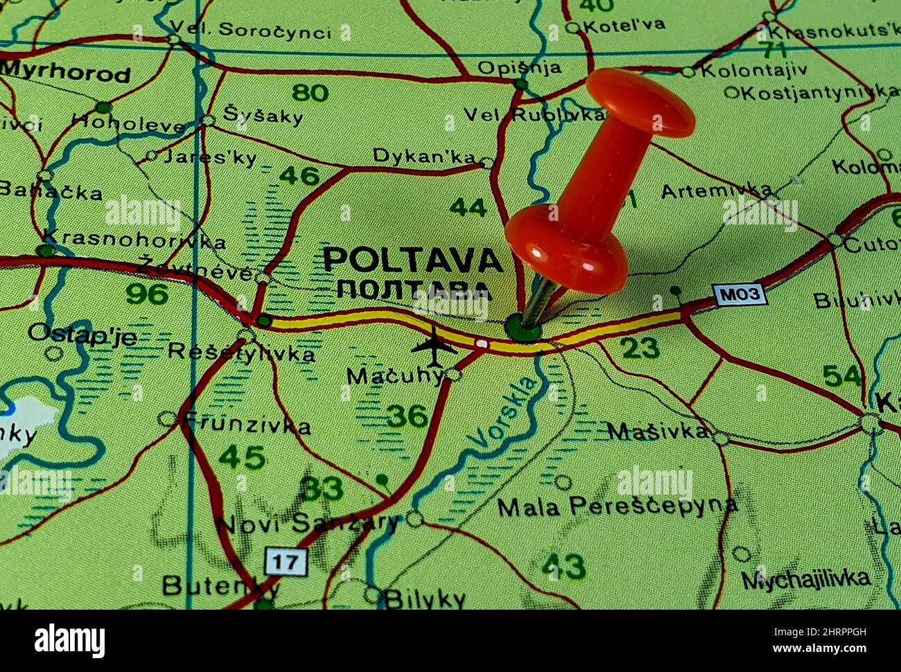 Primo piano della posizione sulla mappa della città di Polatava in Ucraina Foto Stock