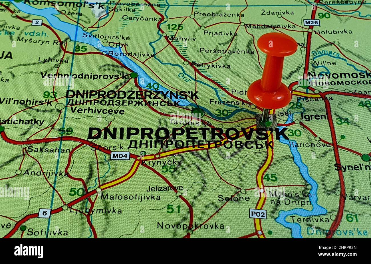 Primo piano della posizione sulla mappa della città di Dnipropetrovsk in Ucraina Foto Stock
