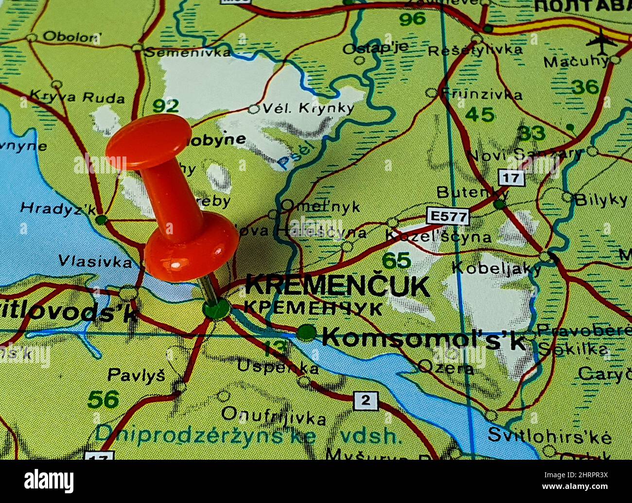 Primo piano della posizione sulla mappa della città di Kremenciuk in Ucraina Foto Stock