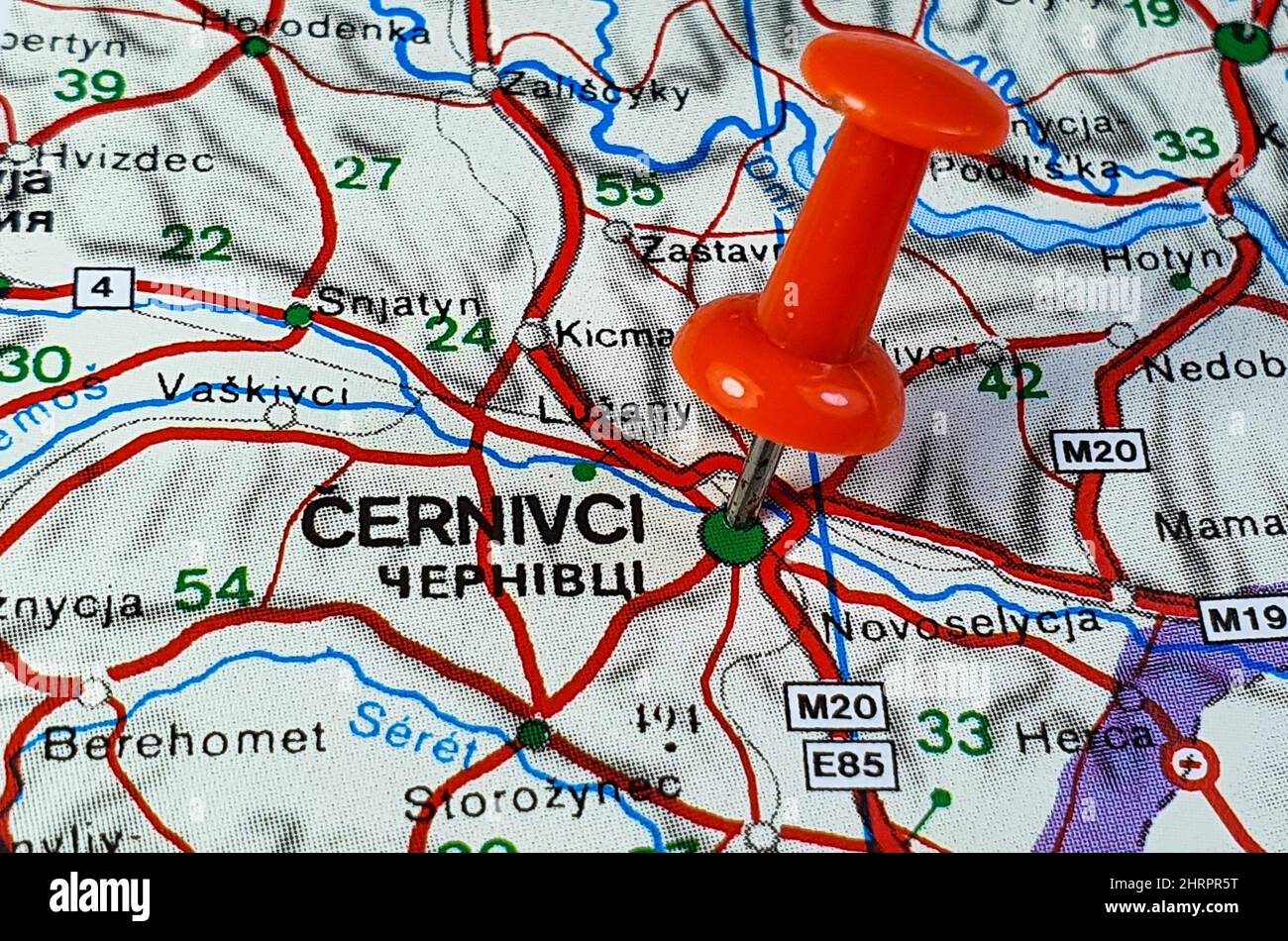 Primo piano della posizione sulla mappa della città di Cervnivci in Ucraina Foto Stock
