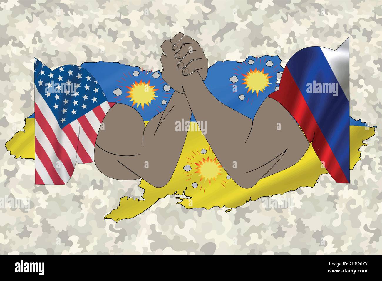 Illustrazione vettoriale, Closeup, braccio wrestling degli Stati Uniti contro la Russia sulla bandiera Ukranian. Concetto di crisi di guerra e conflitti politici tra nazioni. Illustrazione Vettoriale