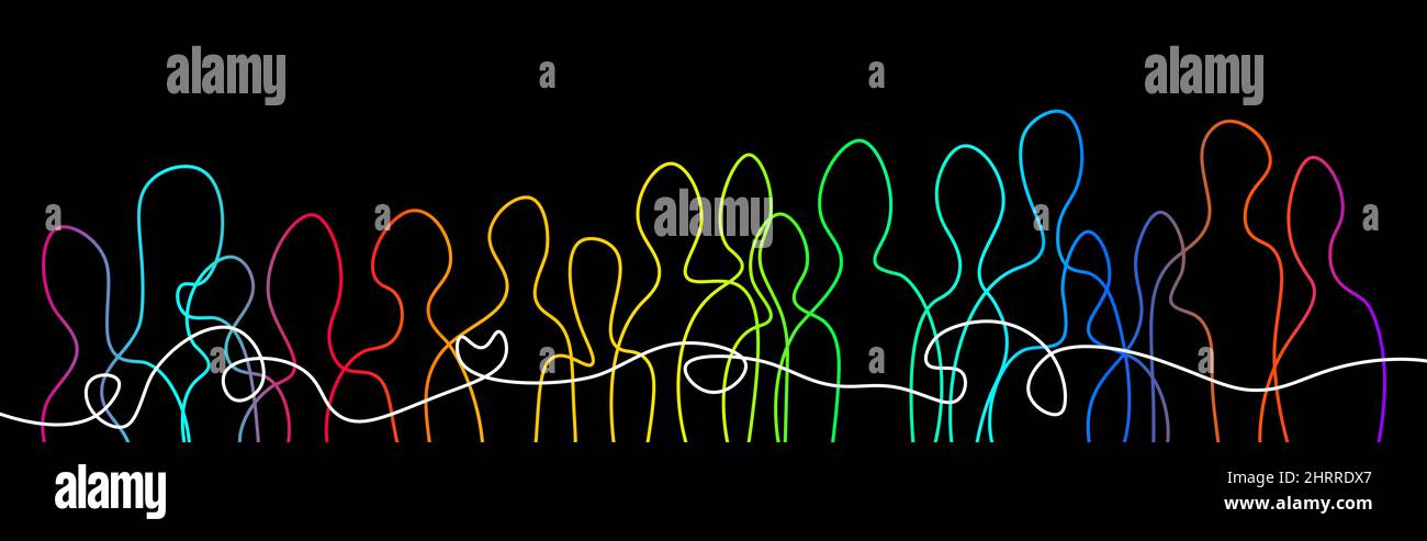 Concetto di connessione delle persone. Più grande folla di persone collegate con linea continua. Silhouette lineari colorate Creati di connessione e comunicazione delle persone Foto Stock