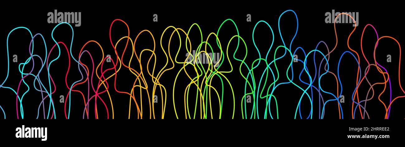 Folla di persone connesse insieme idea creativa di diversità, gruppo sociale e comunicazione. Silhouette colorate lineari Foto Stock