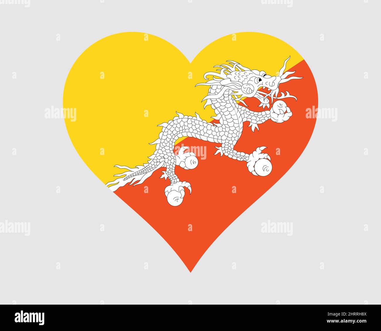 Bandiera del cuore del Bhutan. Bhutanese Love Shape Country National Flag. Simbolo del cartello icona del Regno di Bhutan. Illustrazione del vettore EPS. Illustrazione Vettoriale