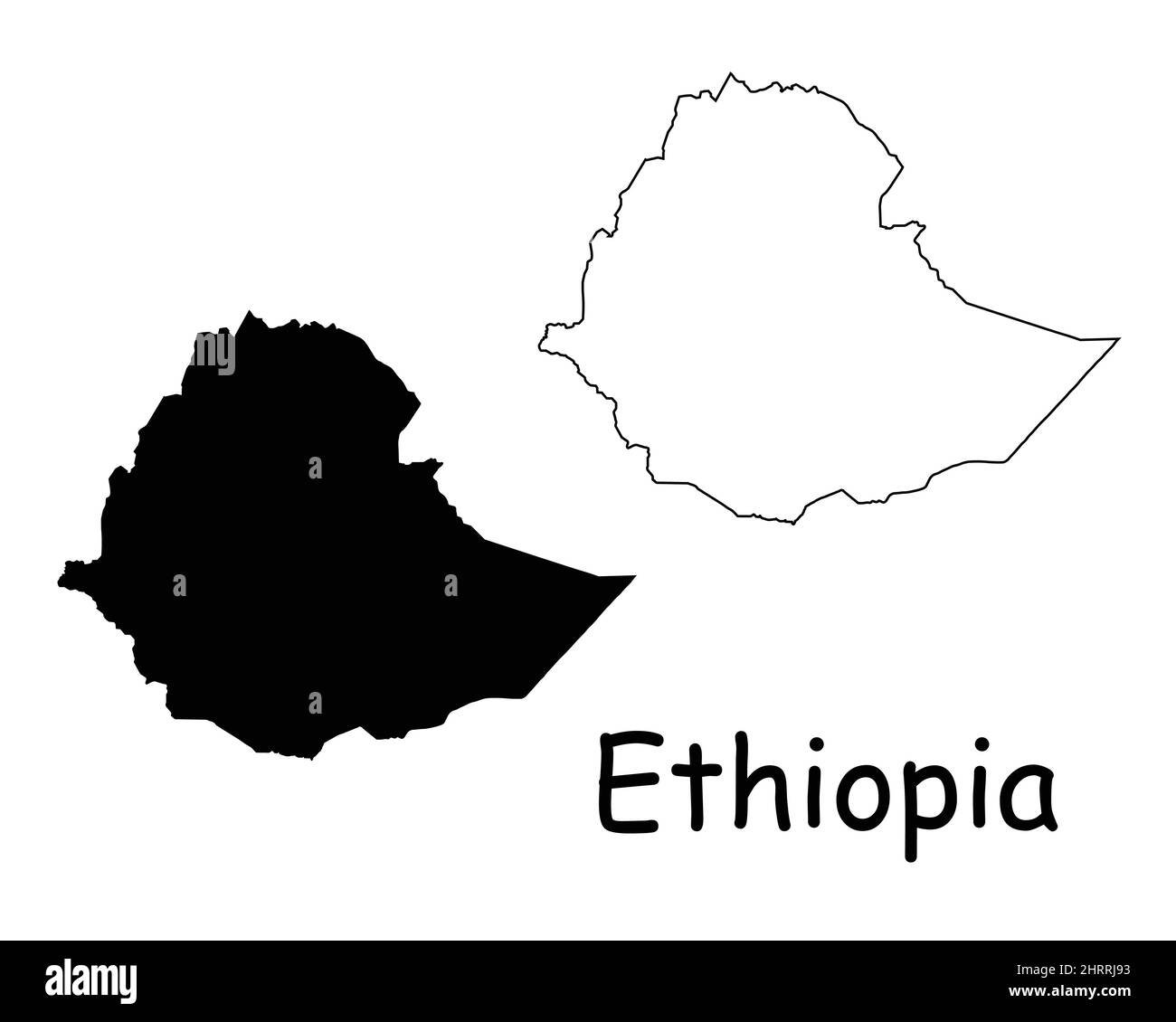 Etiopia Mappa. Ethiope Black silhouette e mappa del profilo isolato su sfondo bianco. Confine del territorio della Repubblica federale democratica d'Etiopia Illustrazione Vettoriale