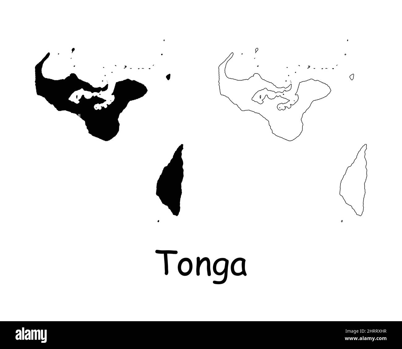 Mappa Tonga. Tongan Black silhouette e mappa del profilo isolato su sfondo bianco. Tongatapu Island Border Boundary Line icona Sign Symbol Clipart EPS VE Illustrazione Vettoriale
